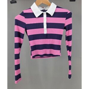 rue21 Polo Shirt Women XS Pink Navy‎ Striped Long Sleeve Ribbed Y2K Retro Preppy
